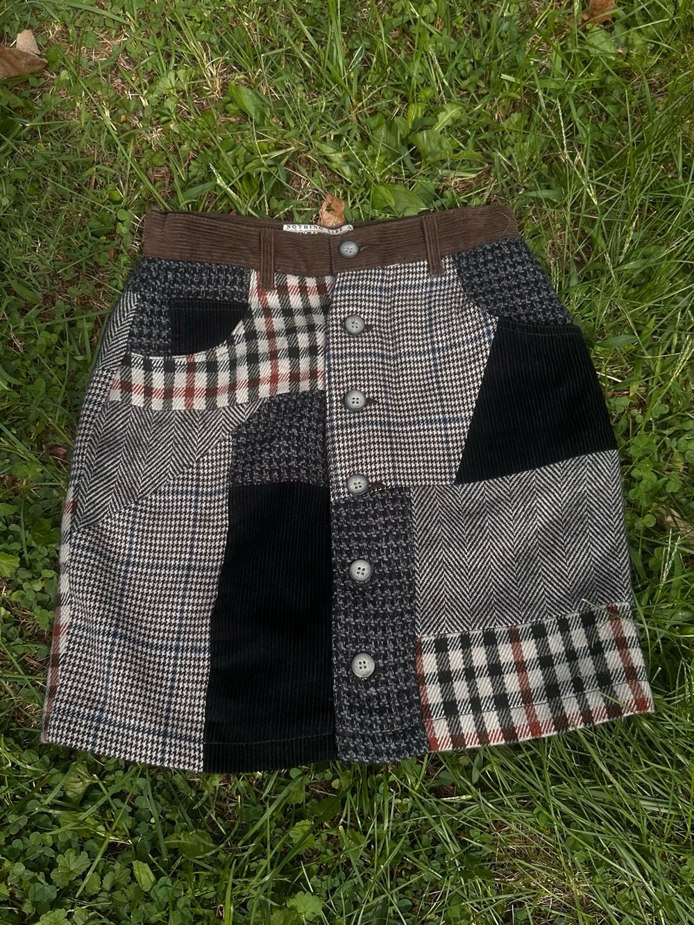 90s Vintage Cotton Blend Gingham Patchwork Button-Front Mini Skirt in Neutrals